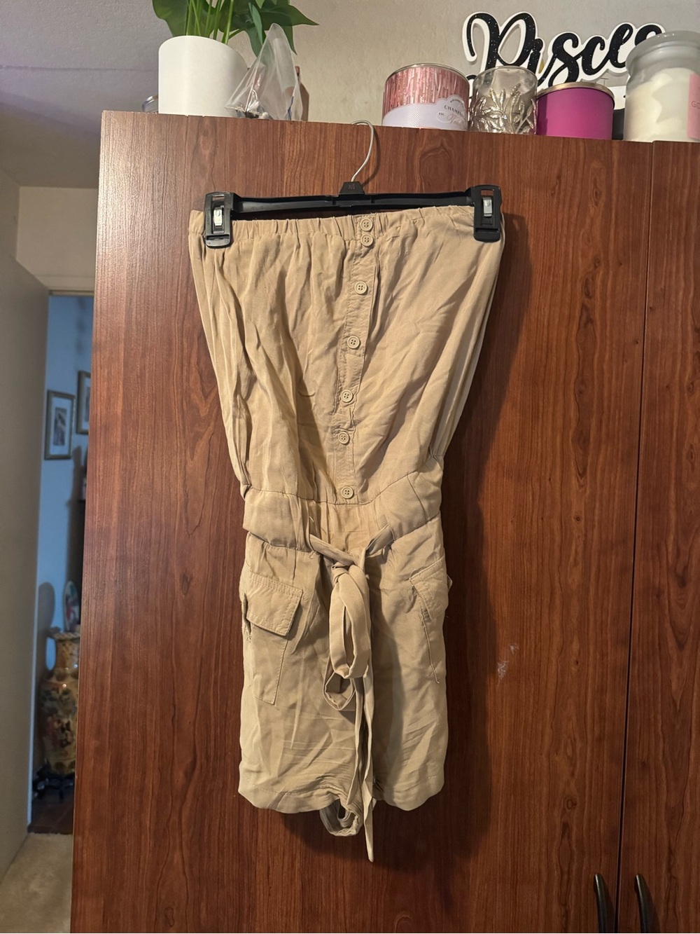 Khaki Strapless Button-Front Romper with Tie Waist